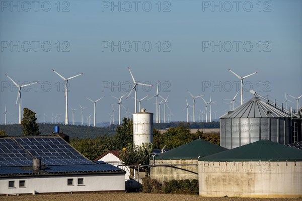 Biogas plant, agricultural business, wind farm near Lichtenau, solar plant on farm buildings,