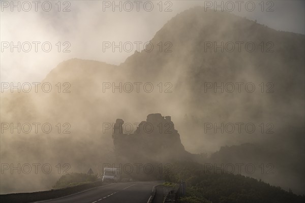 The volcanic rocks of Los Roques in the fog, La Gomera Island, Canary Islands, Spain, Europe