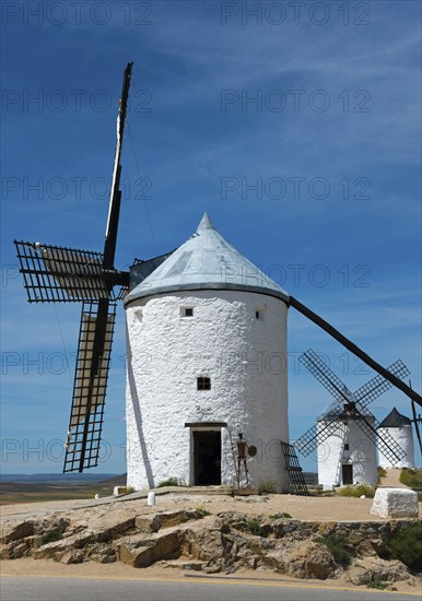 Historic white windmills with a blue sky in the background in a Spanish landscape, Consuegra,