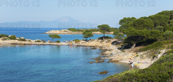 Picturesque coastal landscape with rocky beach and trees in front of clear blue water, Karidi