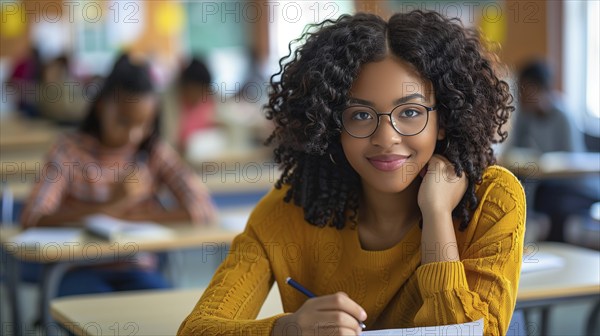 Pretty african american girl sitting at her desk in her classroom. generative AI, AI generated