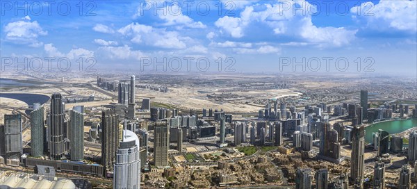 UAE, Dubai panoramic skyline view of city downtown and Dubai Mall