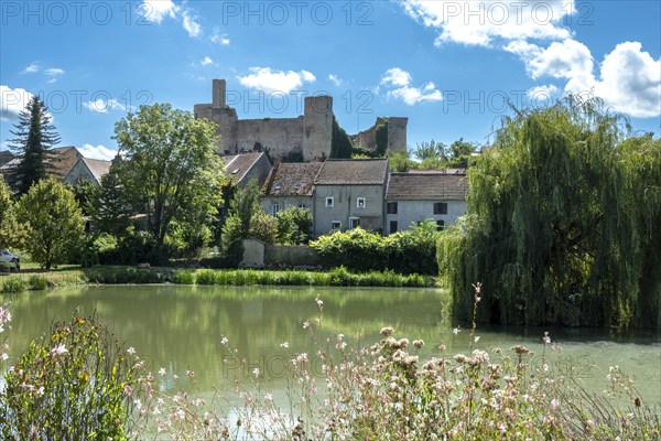 Billy. The fortified castle dating back to the 13th century, overlooks a pond, Allier,