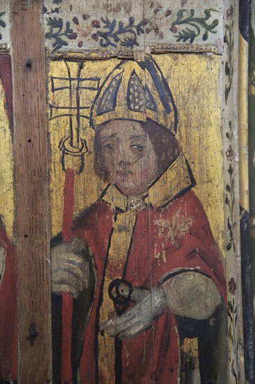 Saint Clement, medieval rood screen paintings, St Andrew church, Westhall, Suffolk, England, UK