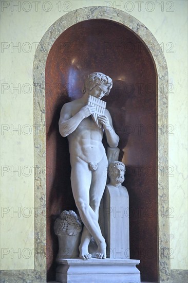 Pan the Greek shepherd god, flute player, panpipe, play music, statue, naked, mythology, Greek,