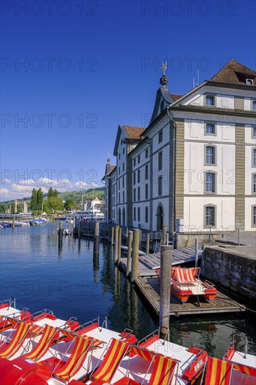 Pedal boats at the Kornhaus, Rorschach on Lake Constance, Canton of St. Gallen, Switzerland, Europe
