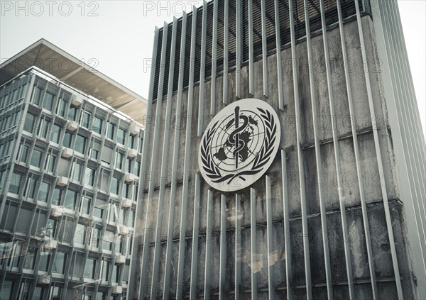View of the logo of the World Health Organisation (WHO) on a building at its headquarters in Geneva