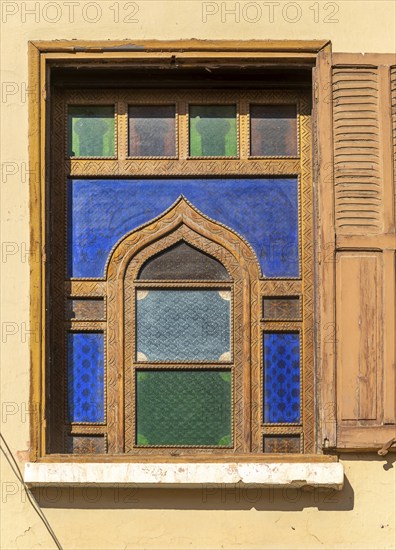 Ornate coloured glass design of window, Taroudant, Sous Valley, Morocco, north Africa, Africa