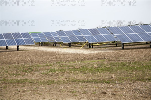 Solar array of photovoltaic panels in a large new solar park at Bucklesham, Suffolk, England,