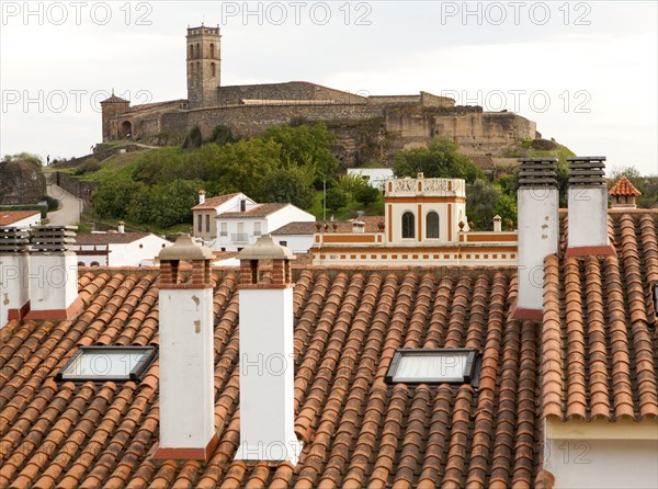 Tower and Moorish mosque above the village of Almonaster La Real, Sierra de Aracena, Huelva