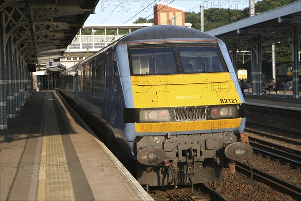 Class 82 electric locomotive train at platform, Ipswich railway station, Suffolk, England, United