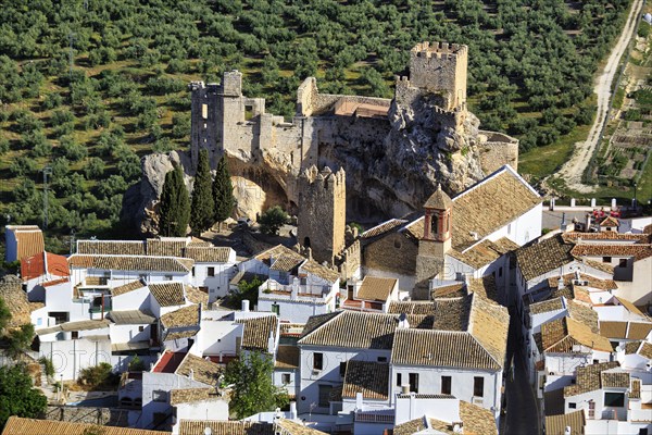 Whitewashed houses, view from above of Moorish-style castle, Route of the White Villages, Zuheros,