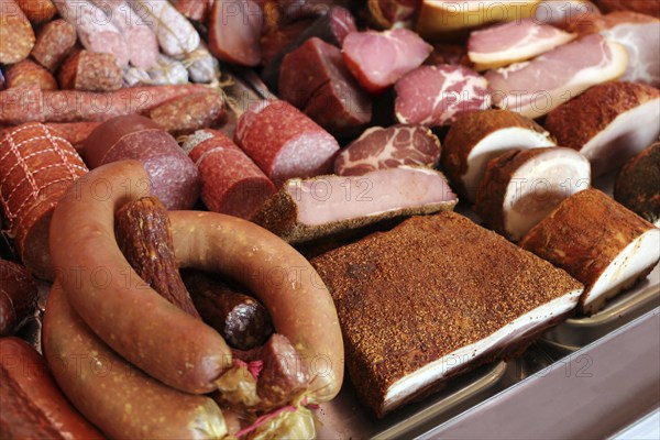 Sausage counter in a butcher's shop