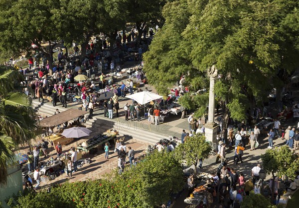 High angle view of people at street market, Jerez de la Frontera, Spain, Europe