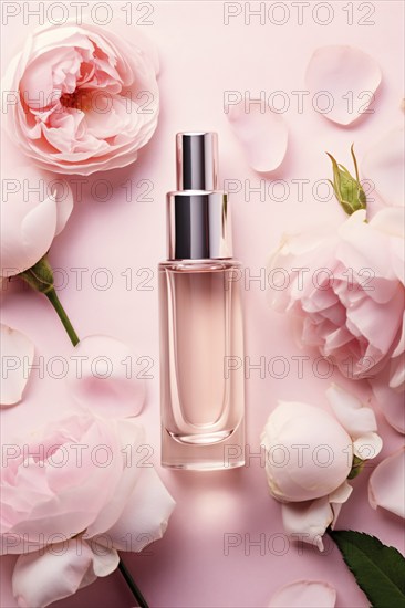 Face serum with pink peony flowers. AI generated