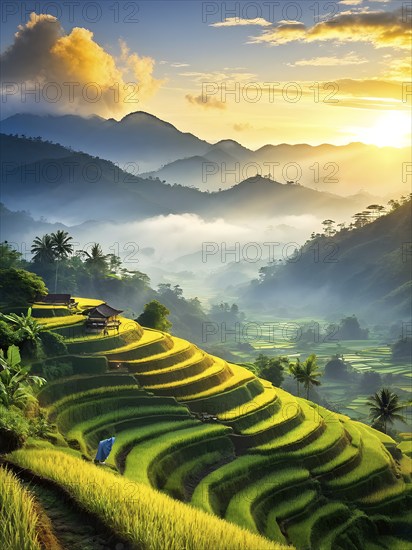 Early morning light bathes Philippines rice terraces cascading down mountain slopes, AI generated
