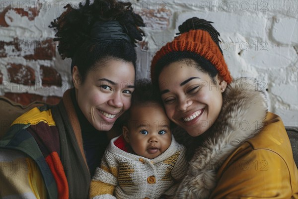 Family portrait of african american female homosexual couple with young child. Generative Ai, AI