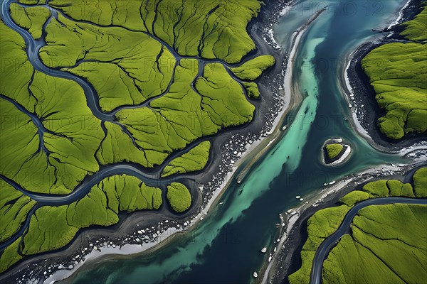 Aerial view perpendicular top down of an abstract colorful river along the coastline, AI generated