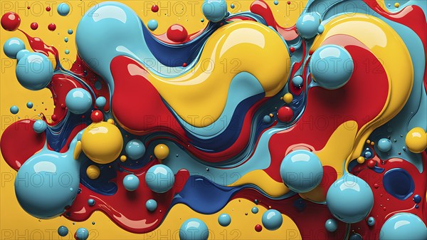 Abstract image with vibrant blue and red blobs and liquid shapes on a yellow background, AI