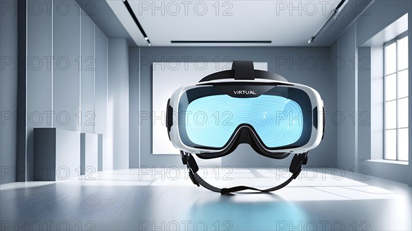Three dimensional render of virtual reality glasses in a digital room, AI generated