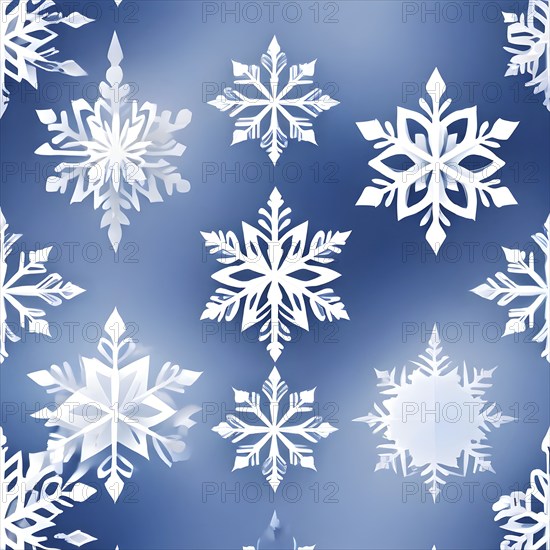Abstract pattern of snowflakes in varying sizes and shapes in soft white and blue gradients, AI