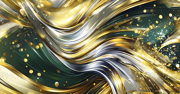 Abstract Illustration of energetic and dynamic swirl of gold, silver, and deep green hues,