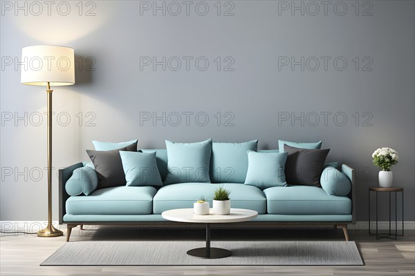 3d rendering of a couch with cushions and a floor lamp, AI generated