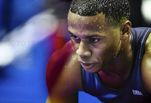 Portrait of sweating man after workout, AI generated