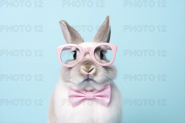 Funny bunny with pink glasses and bow tie on blue background. KI generiert, generiert AI generated