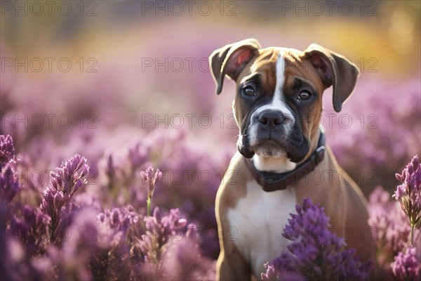 Boxer dog in beautiful field of purple heather flowers in late summer. KI generiert, generiert AI