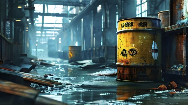 Representation of illegal nuclear waste barrel leaking radioactive material, AI generated