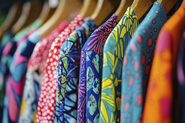 Colorful clothing with bright and bold patterns hanging on clothing rail. Generative ai, AI