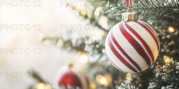 Christmas banner with bauble ornament with red and white stripes on tree with copy space.