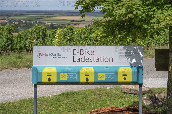 E-bike charging station in the vineyards around Hüttenheim, Lower Franconia, Bavaria, Germany,