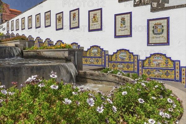 Ceramic benches at water stairs Paseo de Canarias, Firgas, Gran Canaria, Canary Islands, Spain,