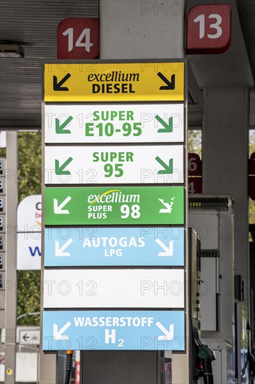 Petrol station with many different fuels on offer, diesel, petrol, Super Plus, LPG, Super, E10,