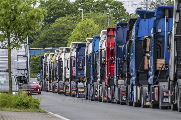 Truck tractors, exclusively from Eastern European countries, park in the harbour area, the canal