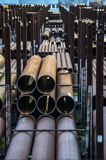 Warehouse for steel pipes in Duisburg harbour, steel pipes in various diameters, North