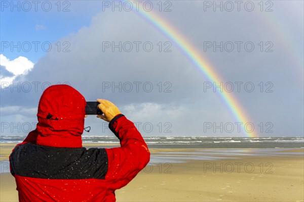 North Sea, Spiekeroog Island, autumn, rainy weather, with sun, rainbow, East Frisian Islands, beach