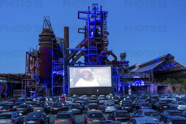 Drive-in cinema Dortmund, against the backdrop of the former blast furnace plant Phönix-West in