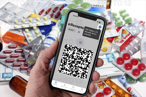 Symbolic image of an e-prescription, prescription issued by a doctor, with QR code, is scanned