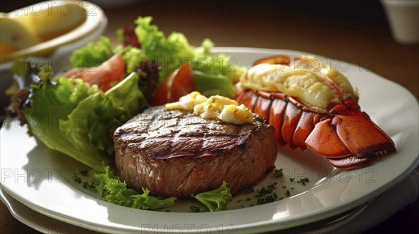 Fresh lobster tail in melting butter and steak with sauteed vegetables dish, generative AI, AI