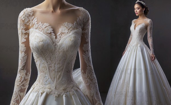 A woman is wearing a long white wedding dress with a lot of lace and pearls. The dress is very