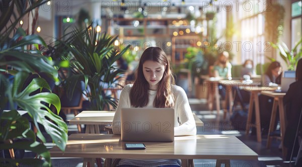 A business woman is sitting at a table with a laptop in front of her working remotely with the team