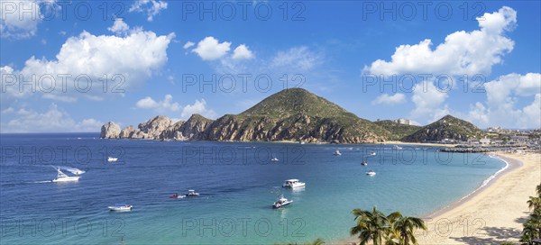 Mexico, Scenic panoramic aerial view of Los Cabos tourist destination Arch of Cabo San Lucas, El