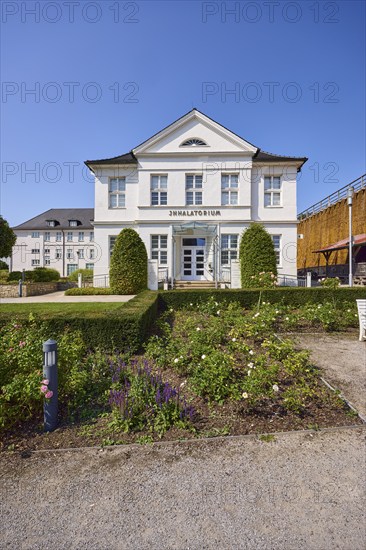 Historic inhalatorium with graduation tower and rose garden in Bad Salzuflen, Lippe district, North