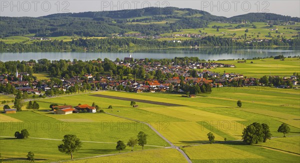 Panorama over Schwangau to Waltenhofen with Forggensee, Ostallgaeu, Allgaeu, Swabia, Bavaria,