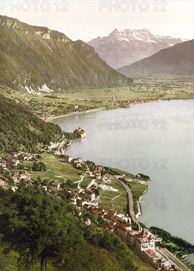 Territet, Chillon and Dent du Midi, from Glion, Geneva Lake, Switzerland, Historic, digitally