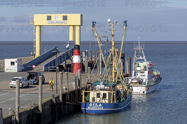 Pellworm ferry terminal, fishing boat, SAR boat, harbour, Strucklahnungshörn, Nordstrand,
