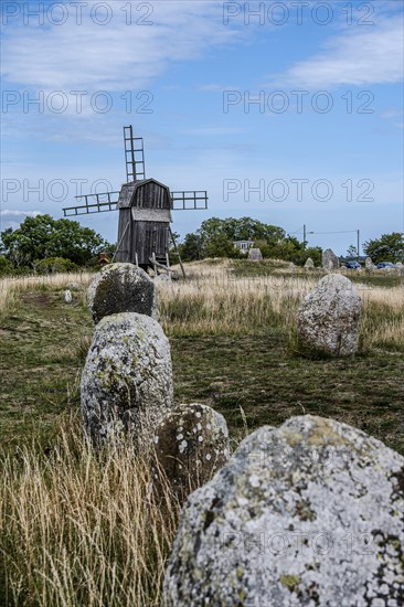 Stone settlement and traditional windmill at the cemetery of Gettlinge (Gettlinge gravfält), which